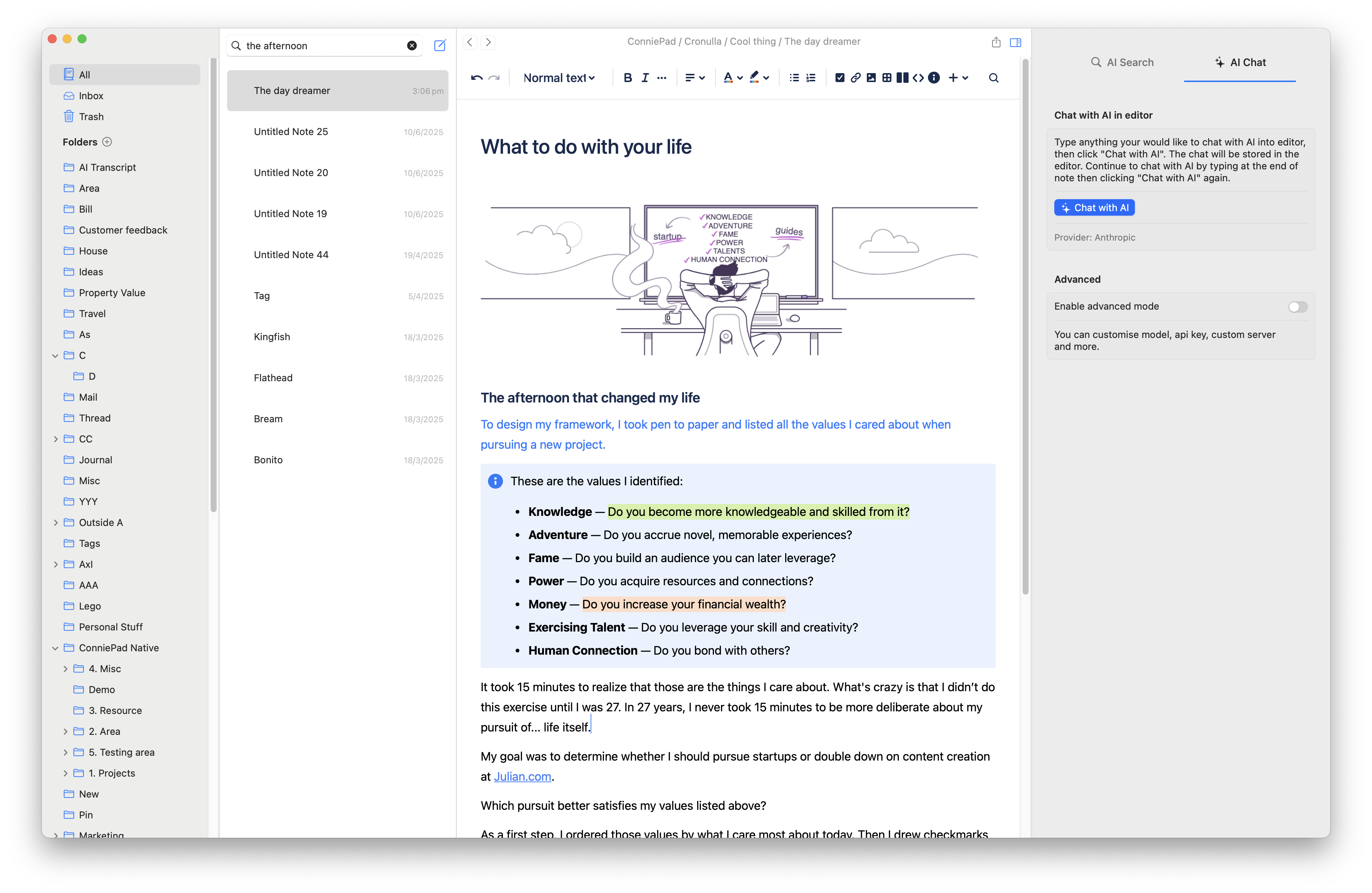 ConniePad app screenshot showing document editing interface